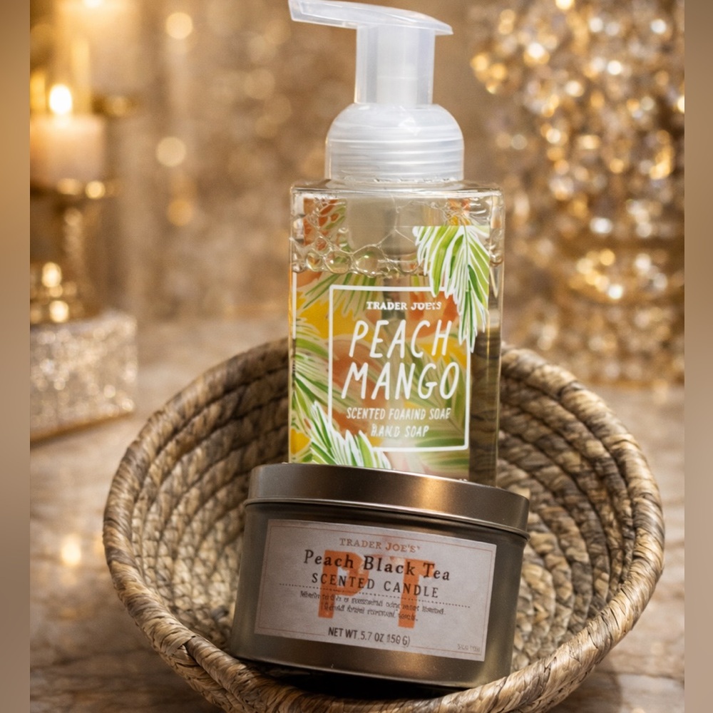 Trader Joe’s Peach Mango Scented Foaming Hand Soap & Peach Black Tea Candle NWT